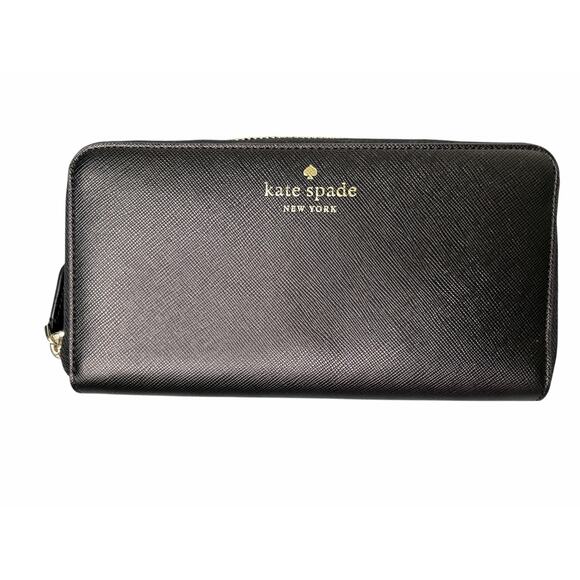 Kate Spade Black Textured Zippered Wallet Gold Logo Hardware 8"x4.5"x1" - Picture 1 of 4